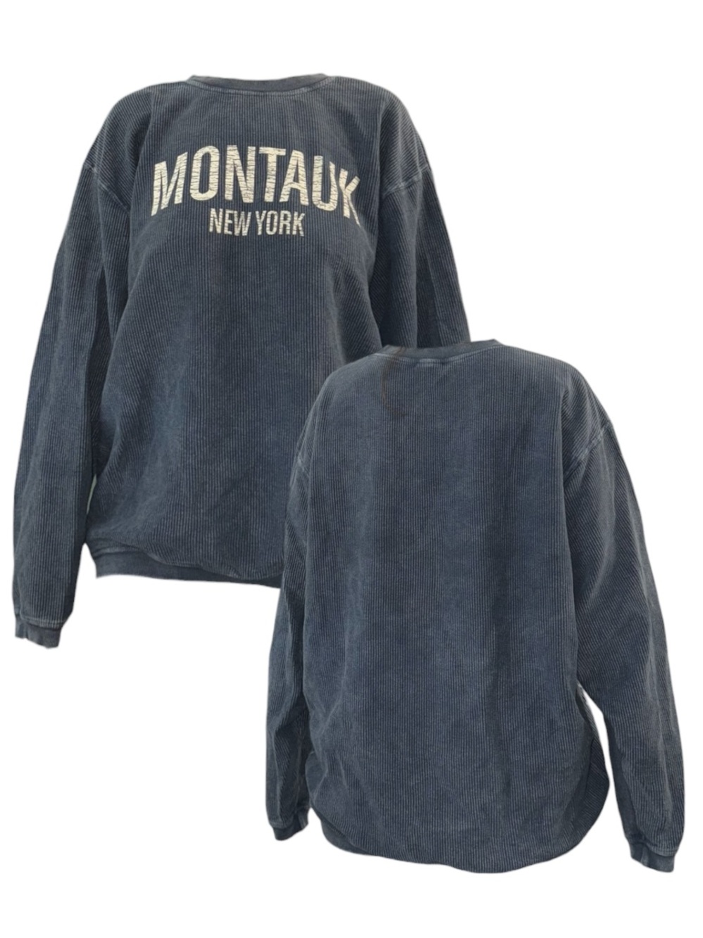 Ribbed Montauk New York Crewneck Sweatshirt in Washed Navy
